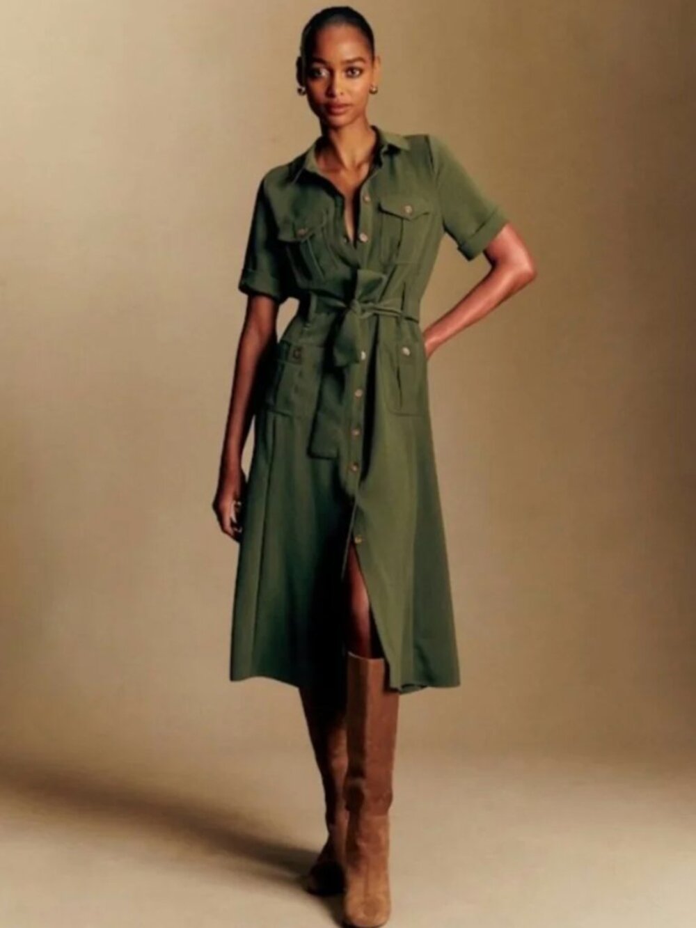Sezane Raquel Midi in Green Crepe Belted Shirt Dress 44 / 12